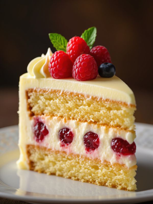 Layered cake slice with fresh raspberries